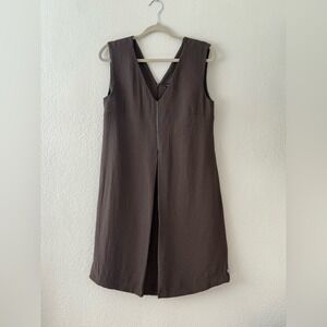 cop copine womens sleeveless v-neck midi dress brown zip front pleated detail